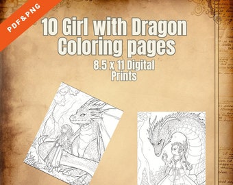10 Páginas para colorear de Chica de cuento de hadas con dragón Digital PDF/PNG