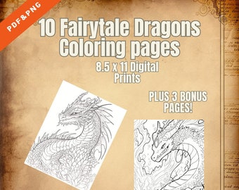 10 Páginas para colorear de dragones de cuento de hadas Digital PDF/PNG