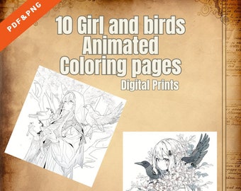 10 páginas animadas para colorear de niña con pájaros Digital PDF/PNG