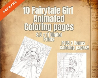 10 páginas animadas para colorear de chicas de cuento de hadas Digital PDF/PNG