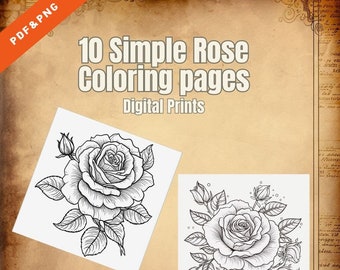 10 páginas simples para colorear rosas PDF/PNG digitales