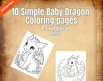 10 páginas simples para colorear de dragón bebé digital PDF/PNG