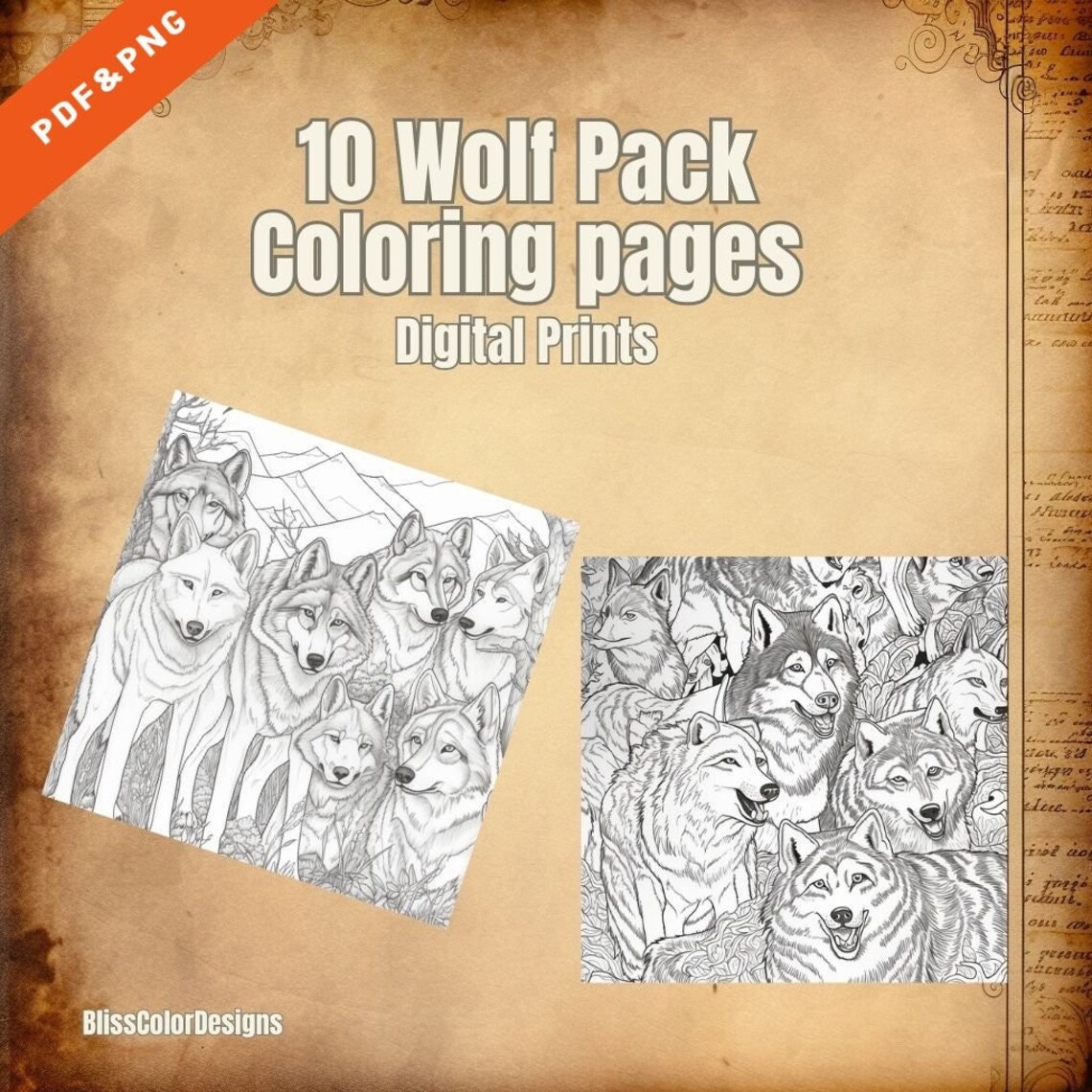 10 Wolf Pack Coloring Pages Digital PDF/PNG Etsy