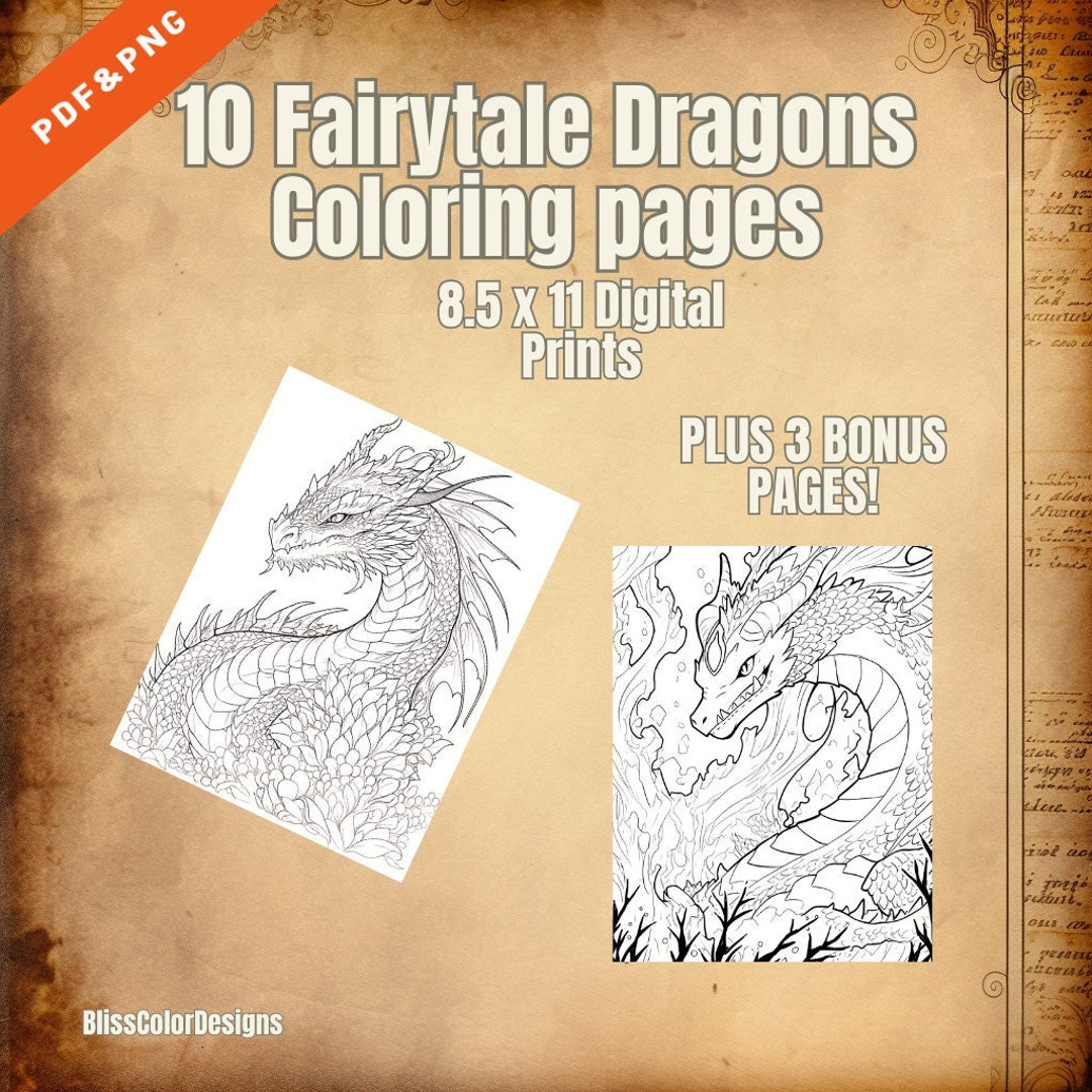 10 Fairytale Dragon Coloring Pages Digital PDF/PNG - Etsy