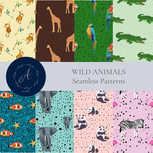 May include: A set of 10 seamless patterns featuring various wild animals, including monkeys, giraffes, parrots, crocodiles, clownfish, elephants, pandas, zebras, and flamingos. The patterns are on a variety of backgrounds, including brown, green, blue, pink, and white. The patterns are perfect for use in a variety of projects, such as fabric, wallpaper, and wrapping paper.