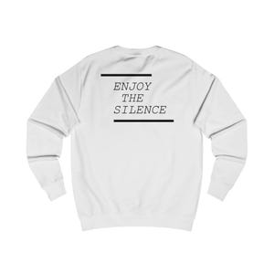 May include: White long-sleeve sweatshirt with the text "ENJOY THE SILENCE" printed on the back.