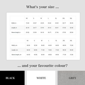 May include: Size chart for a t-shirt in inches and centimeters. The chart shows the width, length, and sleeve length for sizes XS to 3XL. The colors available are black, white, and grey.