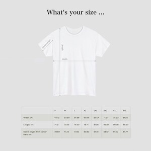 May include: Size chart for a t-shirt with measurements in centimeters for width, length, and sleeve length from center back.
