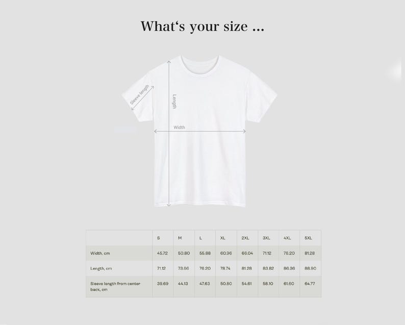 May include: Size chart for a t-shirt with measurements in centimeters for width, length, and sleeve length from center back.