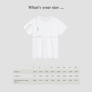 May include: Size chart for a t-shirt with measurements in centimeters for width, length, and sleeve length from center back.