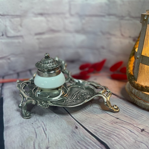 antique Silver Inkwell with White Ceramic Pot - Elegant Desk