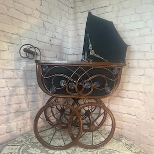 Antique Wicker Doll Carriage – Vintage Brown Rattan Stroller with Black Fabric – Old-Fashioned Blue Accents – Shabby Chic Nursery Decor