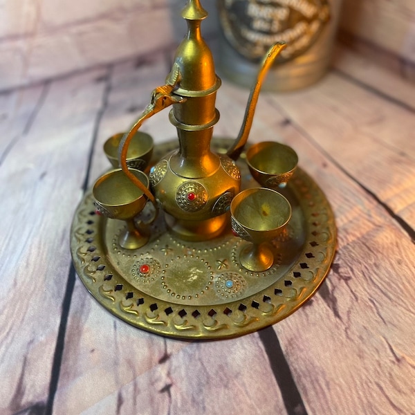 Exquisite Middle Eastern Brass Tea Set with Semi-Precious Stone Cups and tray- Handcrafted Luxury