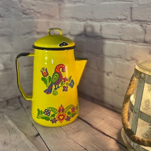 Percolateur à café mexicain émaillé jaune des années 1970