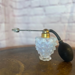 Vintage Glass Perfume Bottle with Black Pump | Art Deco Style Atomizer | Opalescent Perfume Bottle