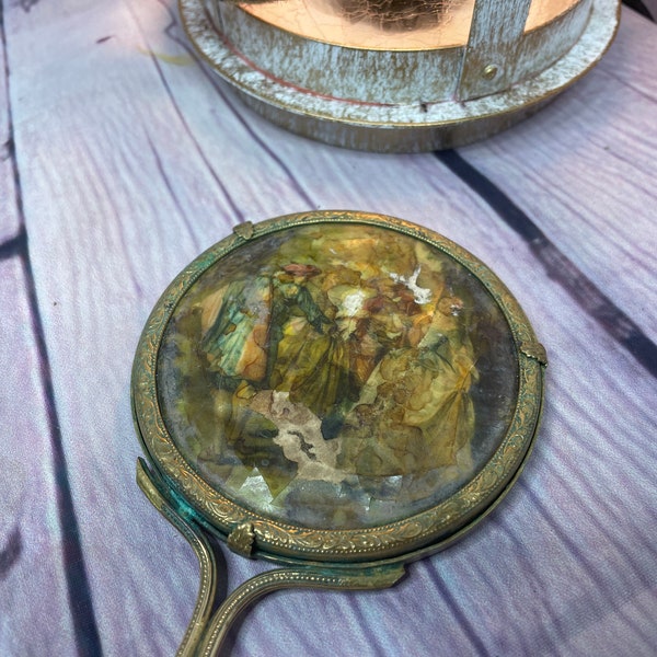 Miroir de courtoisie à main victorien antique | Cadre en laiton ornementé, verre biseauté | Accessoire de beauté maquillage vintage