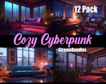 12x Vtuber Hintergründe für Streaming, Gemütliche Cyberpunk Räume, VTuber Hintergrund, Stream Overlay, Virtueller Hintergrund, Twitch Hintergrund, Anime