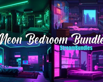 Op de afbeelding: Vier verschillende neon-slaapkamer scènes met een bed, een bureau en een uitzicht op de stad vanuit het raam. De scènes zijn in verschillende kleuren, waaronder groen, roze en blauw. De tekst "Neon Bedroom Bundle" en "StreamBundles" is zichtbaar in de afbeelding.