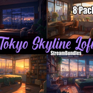 8x Fondos de Vtuber para transmisión, Skyline japonés, Fondo de VTuber, Superposición de transmisión, Fondo virtual, Fondo de Twitch, Anime