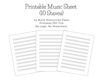 10 Staves Blank Sheet Music, Manuscript Paper, Printable A4 PDF, Instant Digital Download