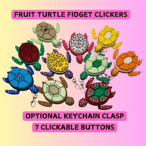 May include: A set of nine colorful turtle-shaped fidget clickers with 7 clickable buttons each. The turtles are decorated with different fruit patterns, including watermelon, orange, pineapple, and more. The clickers have an optional keychain clasp.