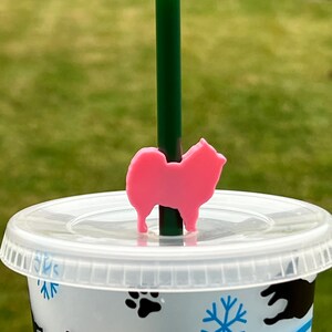 May include: A pink dog-shaped straw topper sits on top of a clear plastic cup with a white lid. The cup has a snowflake and paw print design. A green straw is inserted through the topper.