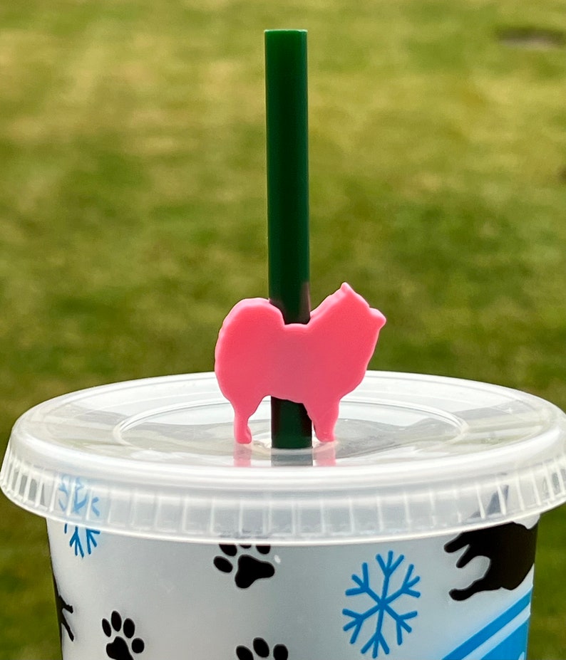 May include: A pink dog-shaped straw topper sits on top of a clear plastic cup with a white lid. The cup has a snowflake and paw print design. A green straw is inserted through the topper.