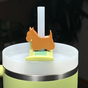Puede incluir: Una taza de viaje verde claro con una banda de acero inoxidable alrededor del medio. La tapa es blanca y tiene un soporte para pajitas en forma de perro marrón con una pajita de plástico transparente.