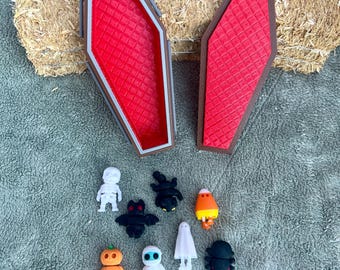 Coffin-Shaped Box with Miniature Articulate Halloween Figurines | Ghost | Mummy | Bat | Spider | Skeleton | Candy Corn | Black Cat | Pumpkin