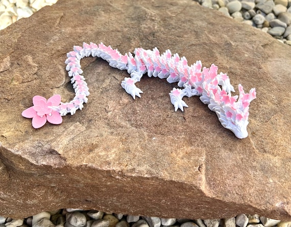 Cherry Blossom Articulated Dragon 14” Long White and Pink Sensory Fidget Toy CinderWing3D