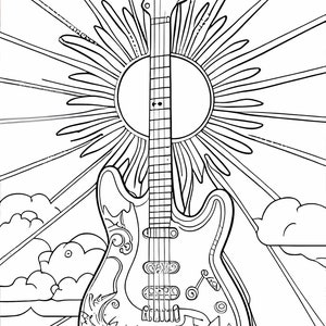May include: A black and white line drawing of an electric guitar with intricate floral designs. The guitar is set against a background of a sun with rays and clouds.