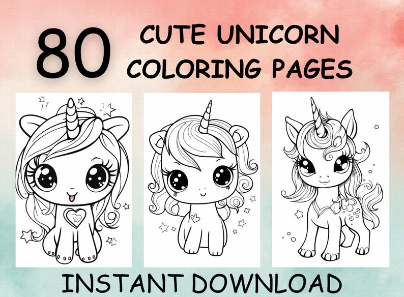 Pu&ograve; includere: 80 pagine da colorare di unicorni carini - Download immediato. Tre illustrazioni in bianco e nero di unicorni carini con occhi grandi e crini ricci.
