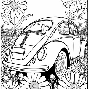May include: A black and white line drawing of a vintage Volkswagen Beetle surrounded by daisies. The car is parked in a field of flowers and a butterfly flies overhead.