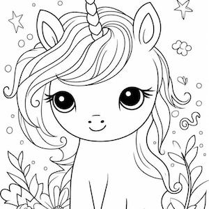 Pu&ograve; includere: Un disegno in bianco e nero di un unicorno con un corno riccio, occhi grandi e un dolce sorriso. L'unicorno &egrave; circondato da fiori e foglie.