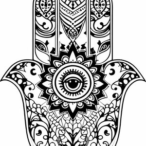 May include: A black and white illustration of the Hamsa hand, a symbol of protection and good luck, with intricate details and a central eye.