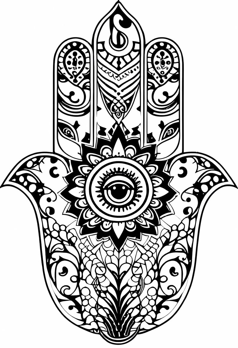 May include: A black and white illustration of the Hamsa hand, a symbol of protection and good luck, with intricate details and a central eye.