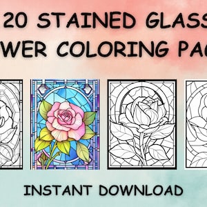 120 Stained Glass Flower Coloring pages for all ages, flower coloring pages for adults, coloring pages for kids, digital download, printable