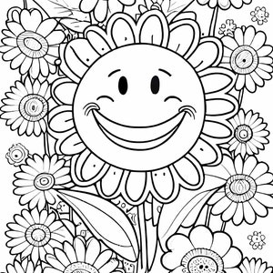 May include: A black and white line drawing of a smiling sunflower surrounded by smaller daisies. The sunflower has a large, round face with a wide smile and two eyes. The daisies are arranged around the sunflower in a circular pattern.