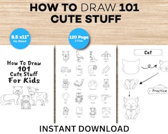 May include: A black and white printable coloring book with the title "How To Draw 101 Cute Stuff For Kids". The book includes 120 pages and 3 files. The cover shows a cat, a cow, and a tiger. The book is 8.5 inches by 11 inches.
