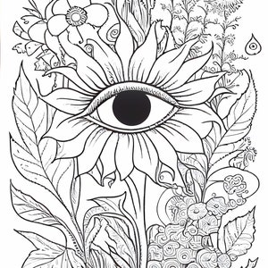 May include: A black and white line drawing of a sunflower with an eye in the center. The sunflower is surrounded by other flowers and leaves.