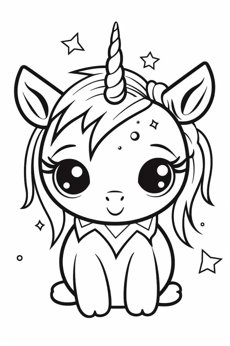 Pu&ograve; includere: Un disegno in bianco e nero di un simpatico unicorno di cartone animato con un corno riccio, occhi grandi e un'espressione felice. L'unicorno &egrave; seduto con le gambe incrociate. Ci sono stelle intorno all'unicorno.