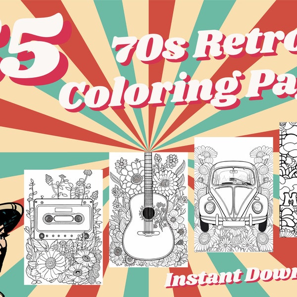 70s Retro Coloring Pages, coloring pages,  adult coloring pages, retro adult coloring pages, positive coloring pages, printable, digital