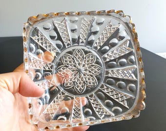 Vintage Square Floral Gold edge Clear Glass Candy Bowl – NOT Uranium glass