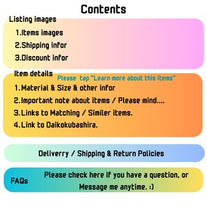 May include: A graphic with the title "Contents" and sections for listing images, item details, delivery/shipping policies, and FAQs. The item details section includes information on material, size, and other details.