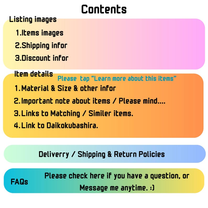May include: A graphic with the title "Contents" and sections for listing images, item details, delivery/shipping policies, and FAQs. The item details section includes information on material, size, and other details.