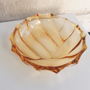 Art deco style Golden Amber pressed wave design glass trinket bowl , snack pin bowl