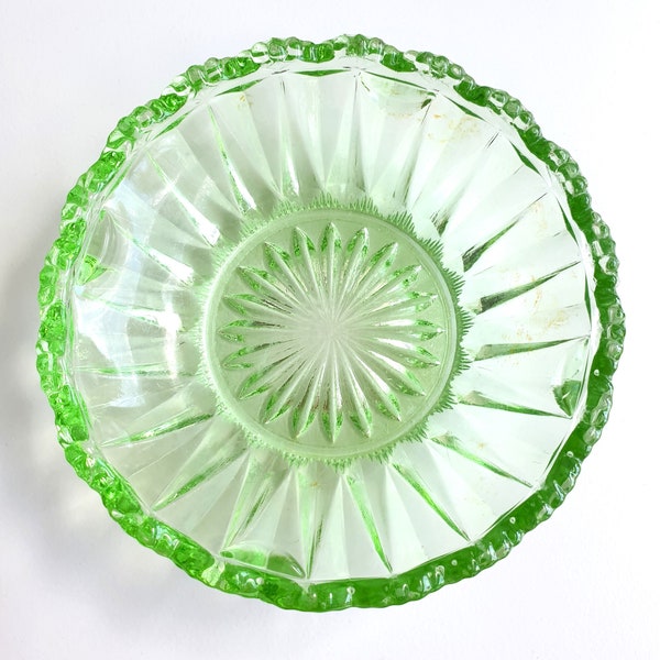 Small Art deco style Lime Green starburst / floral bottom waved edged round glass trinket bowl