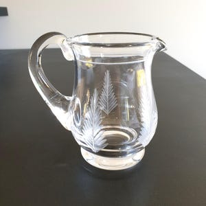 May include: A clear glass jug featuring an etched fern leaf pattern on its exterior. The vessel has a curved handle, a wide rim with a small pouring spout, and a circular base. The glass is transparent with white frosted etchings.