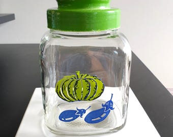 Retro Vegetable Glass Canister Jar with Green Plastic Lid