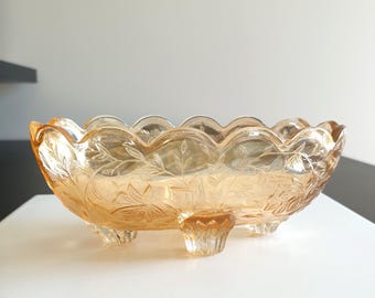 Vintage Iridescent Salmon pink / Beige Depression Footed Oval Candy Dish